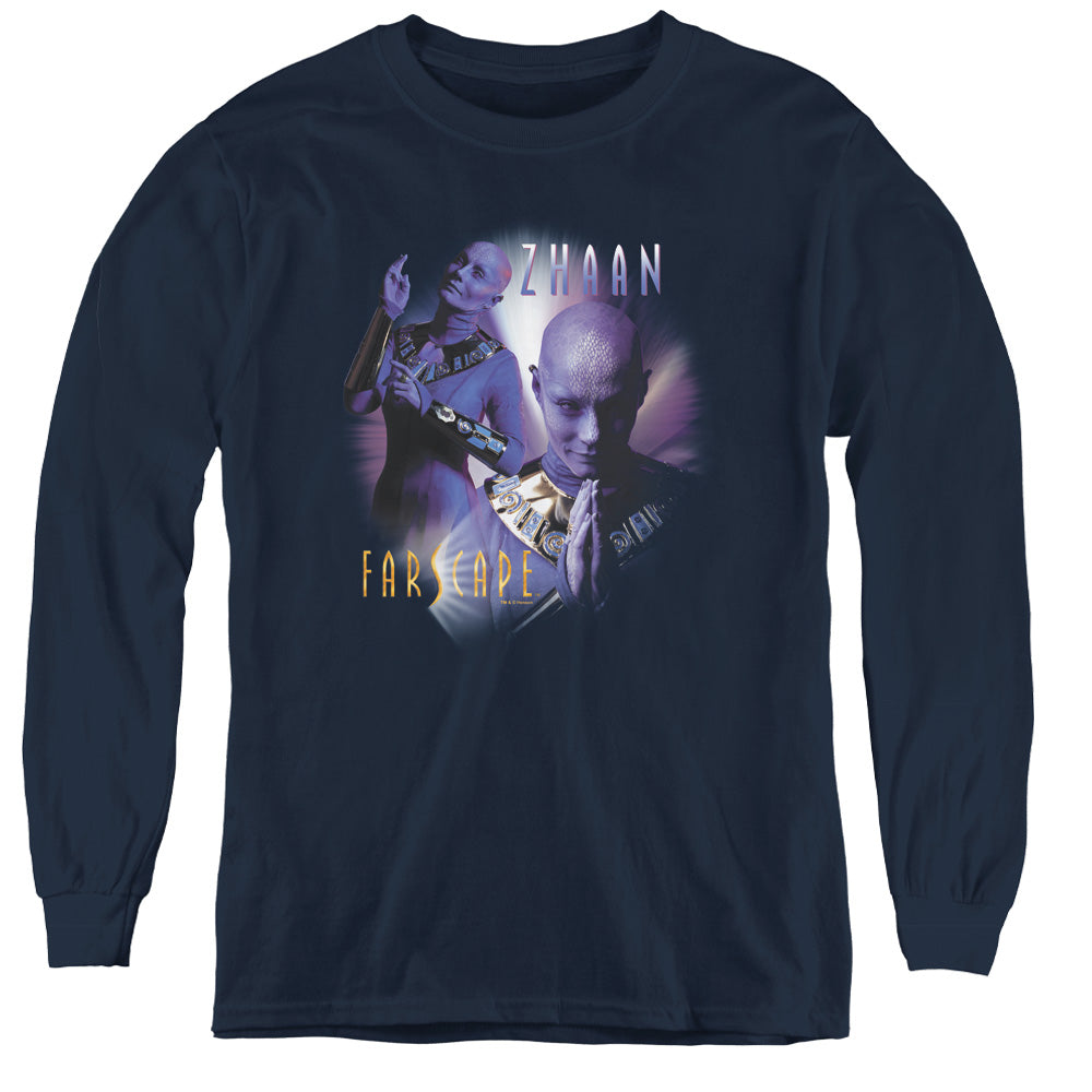 AN OFFCIALLY LICENSED FARSCAPE ZHAAN YOUTH LONG SLEEVE T-SHIRT NAVY