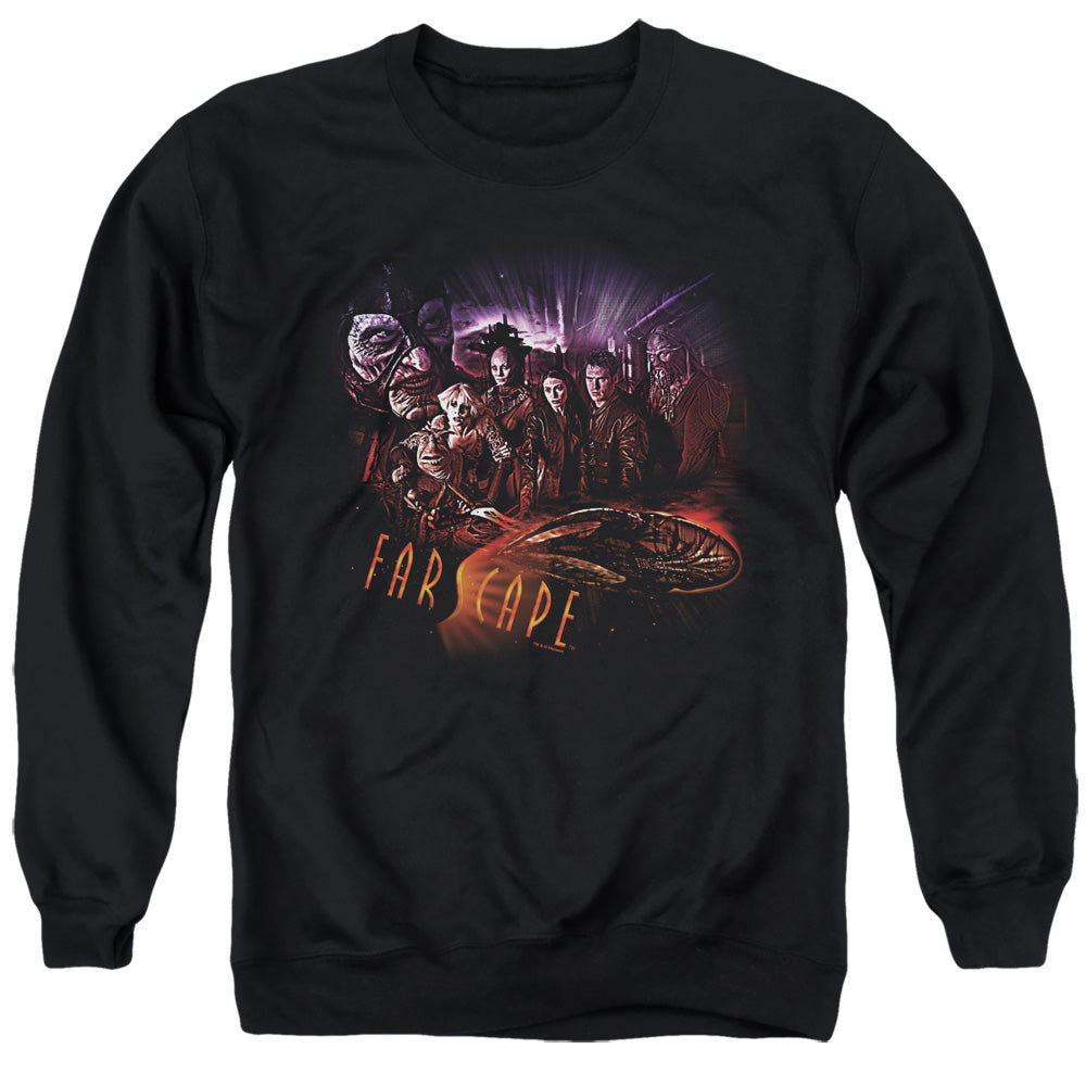 AN OFFCIALLY LICENSED FARSCAPE GRAPHIC COLLAGE ADULT UNISEX CREWNECK SWEATSHIRT BLACK