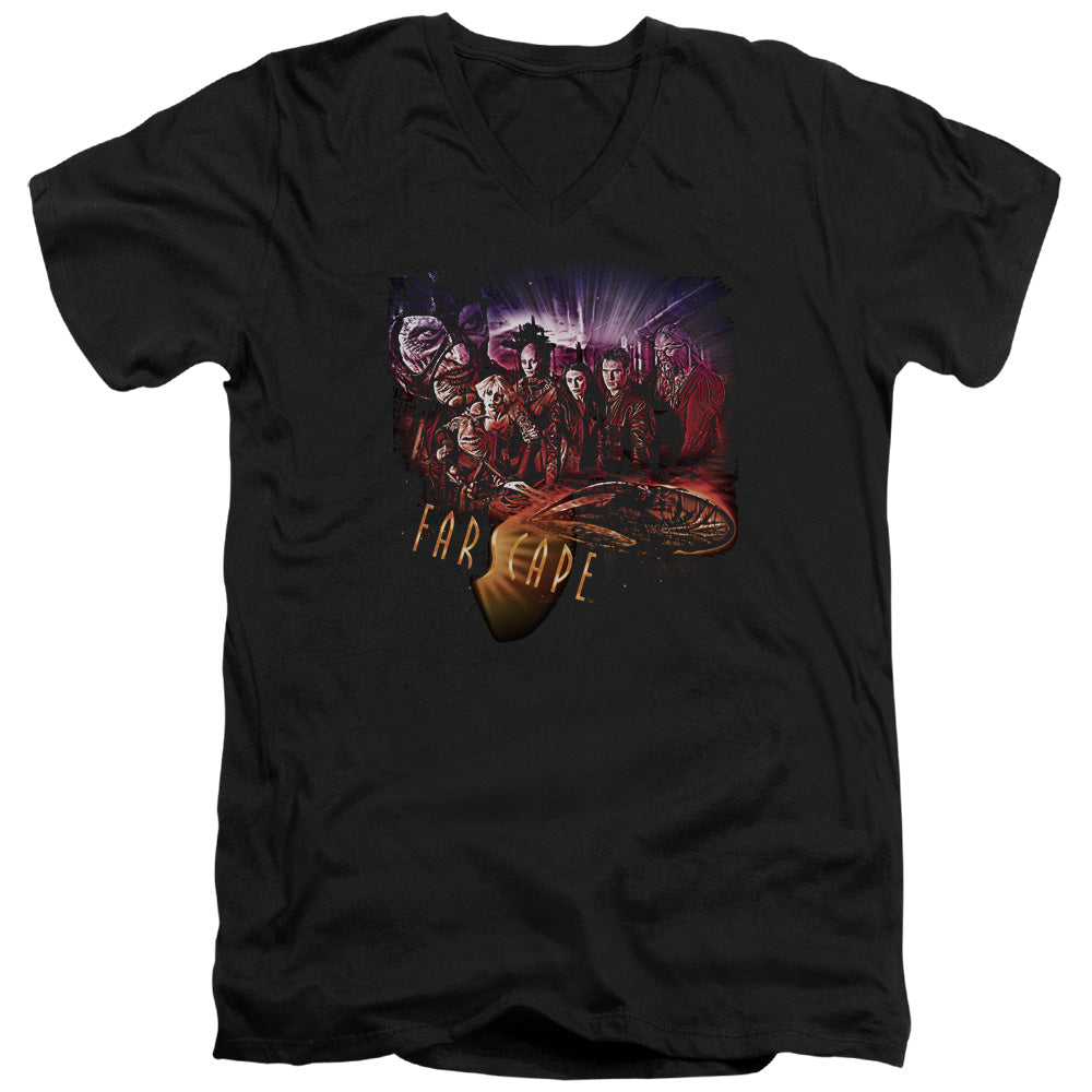 AN OFFCIALLY LICENSED FARSCAPE GRAPHIC COLLAGE MEN'S V-NECK T-SHIRT BLACK