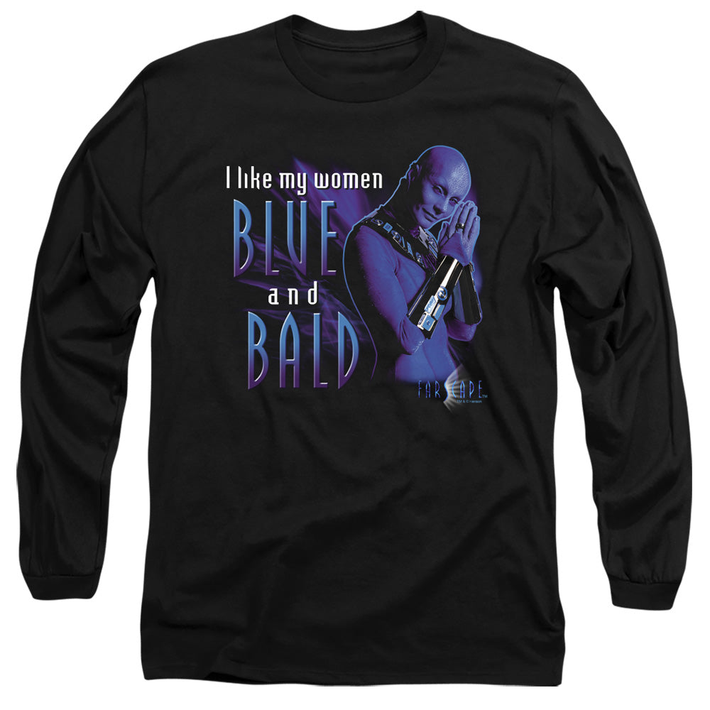 AN OFFCIALLY LICENSED FARSCAPE BLUE AND BALD MEN'S LONG SLEEVE T-SHIRT BLACK