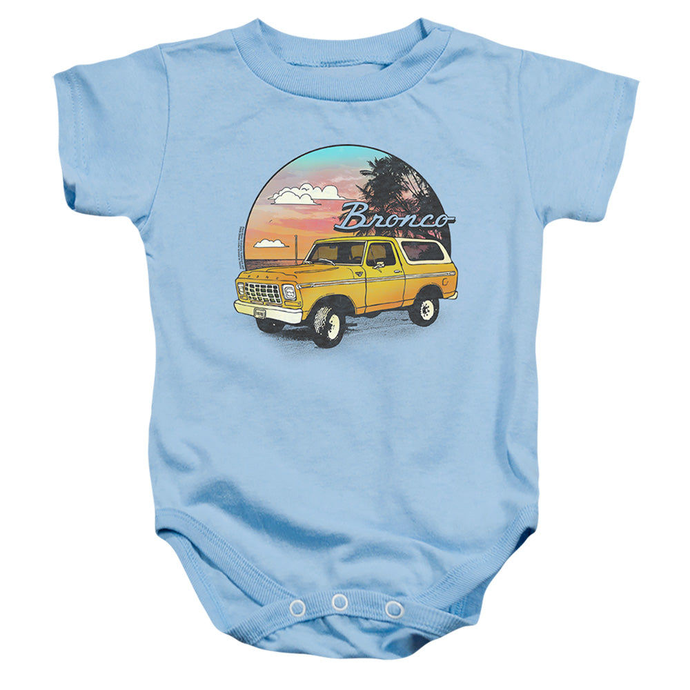 AN OFFCIALLY LICENSED FORD BRONCO BRONCO AT THE BEACH BABY BODYSUIT LIGHT BLUE