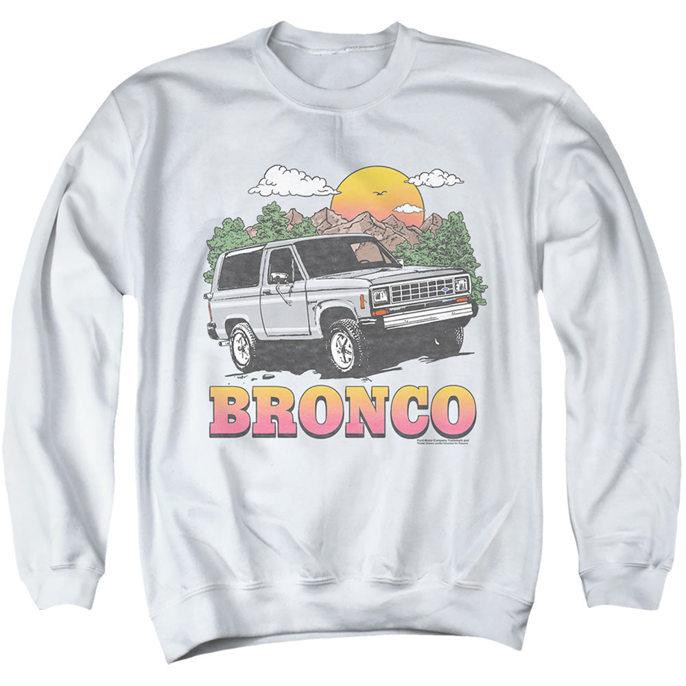 AN OFFCIALLY LICENSED FORD BRONCO BRONCO IN THE MOUNTAINS ADULT UNISEX CREWNECK SWEATSHIRT WHITE