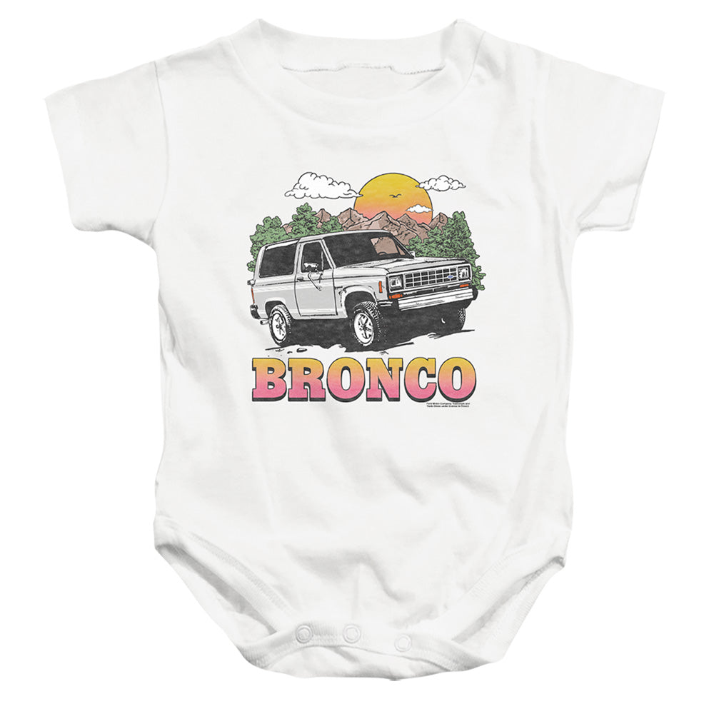 AN OFFCIALLY LICENSED FORD BRONCO BRONCO IN THE MOUNTAINS BABY BODYSUIT WHITE