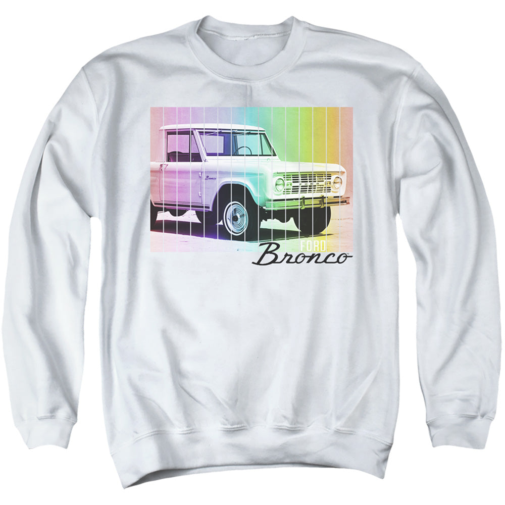 AN OFFCIALLY LICENSED FORD BRONCO RETRO RAINBOW ADULT UNISEX CREWNECK SWEATSHIRT WHITE