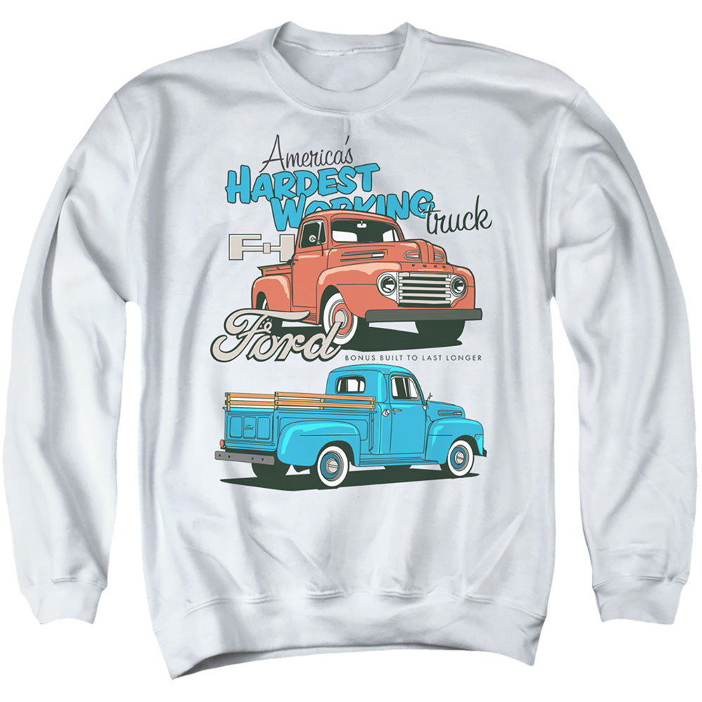 AN OFFCIALLY LICENSED FORD TRUCKS HARDEST WORKING ADULT UNISEX CREWNECK SWEATSHIRT WHITE