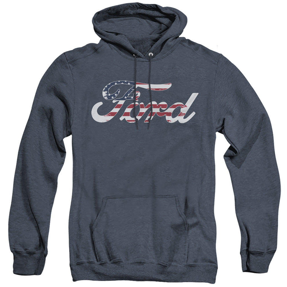 AN OFFCIALLY LICENSED FORD FLAG LOGO ADULT UNISEX HEATHER PULLOVER HOODIE NAVY