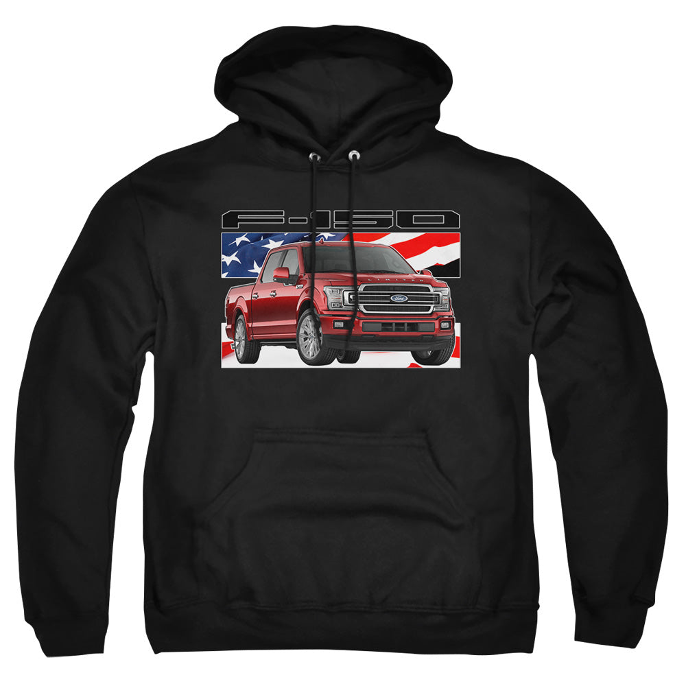 AN OFFCIALLY LICENSED FORD TRUCKS F 150 FLAG ADULT UNISEX PULLOVER HOODIE BLACK
