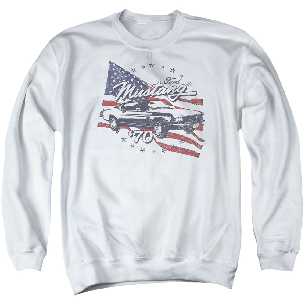 AN OFFCIALLY LICENSED FORD MUSTANG 70 MUSTANG ADULT UNISEX CREWNECK SWEATSHIRT WHITE