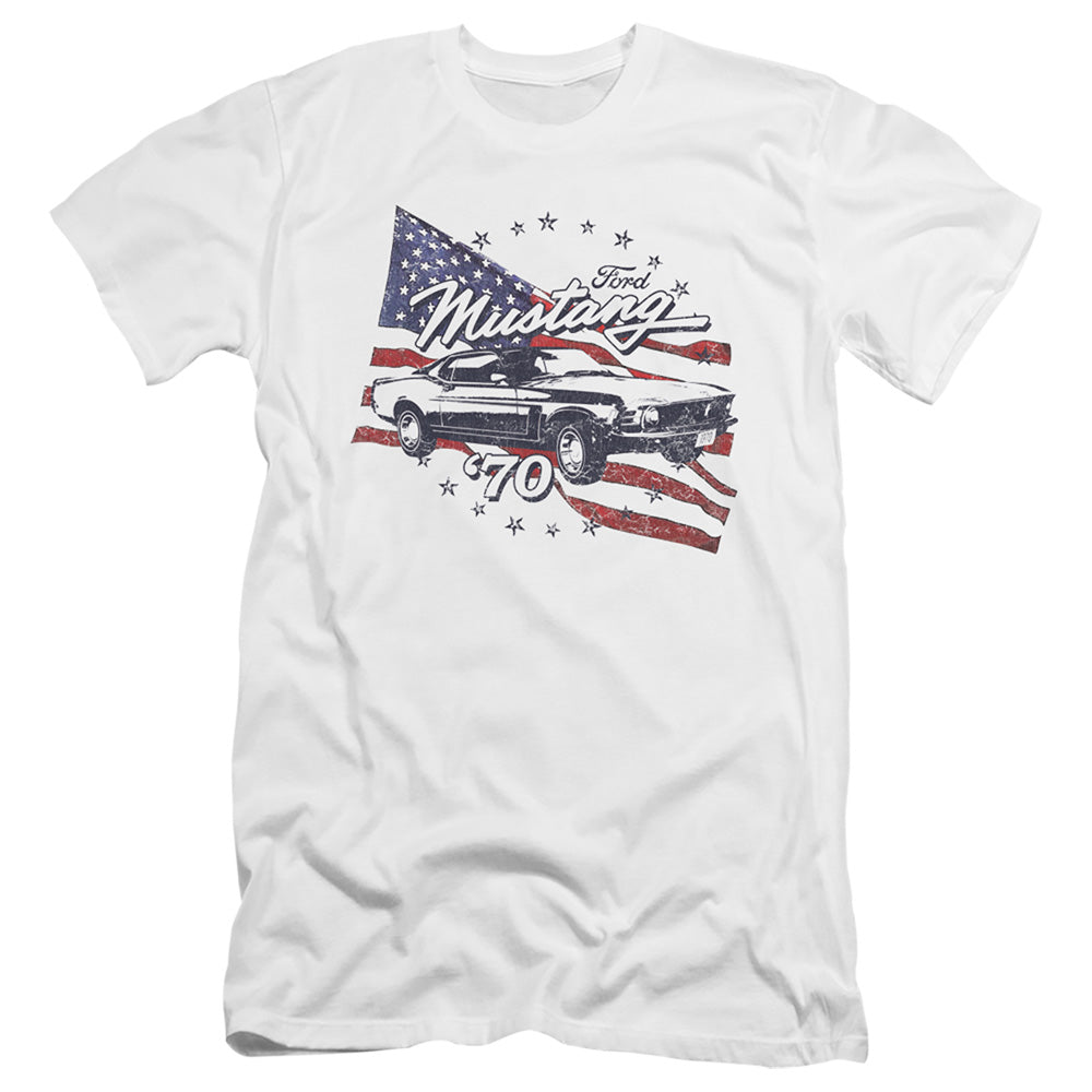 AN OFFCIALLY LICENSED FORD MUSTANG 70 MUSTANG MEN'S PREMIUM SLIM FIT T-SHIRT WHITE