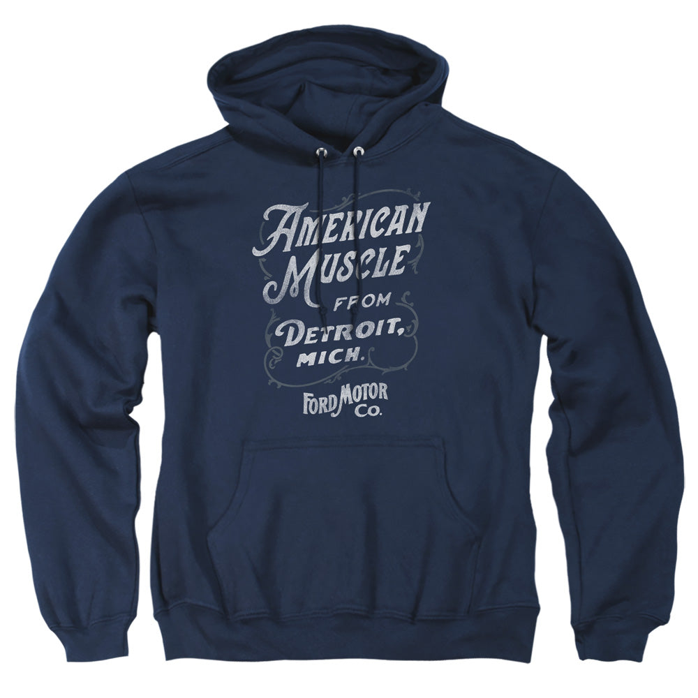 AN OFFCIALLY LICENSED FORD AMERICAN MUSCLE CLASSIC SCRIPT ADULT UNISEX PULLOVER HOODIE NAVY