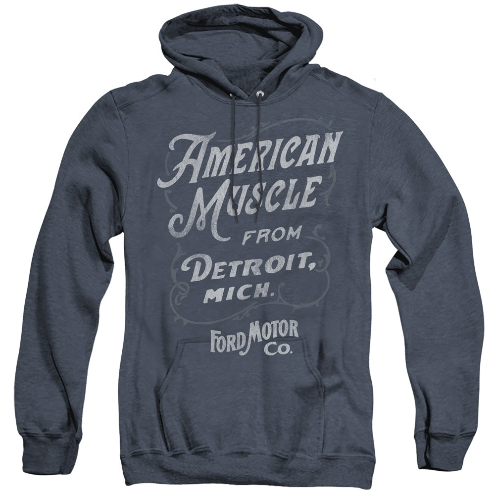 AN OFFCIALLY LICENSED FORD AMERICAN MUSCLE CLASSIC SCRIPT ADULT UNISEX HEATHER PULLOVER HOODIE NAVY