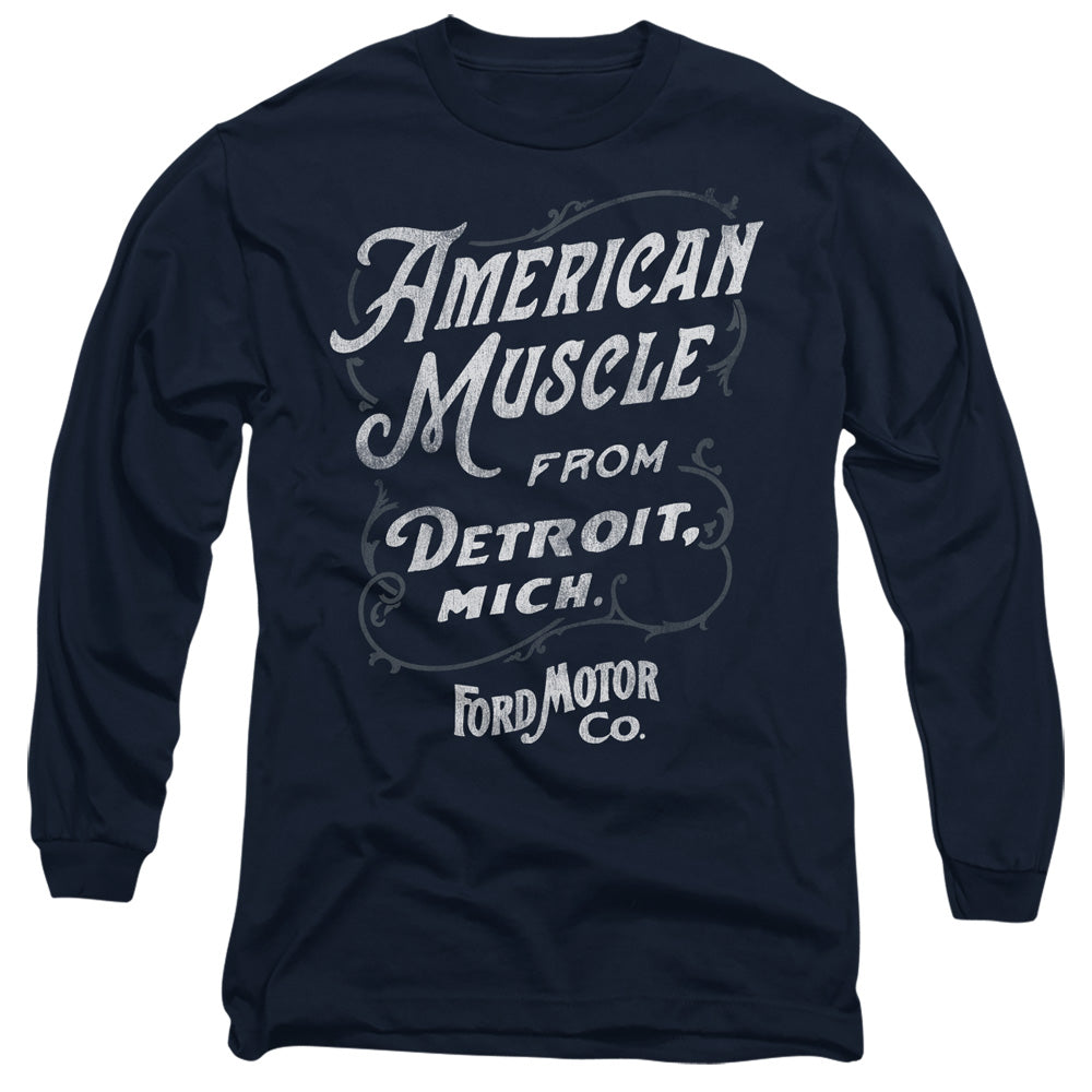 AN OFFCIALLY LICENSED FORD AMERICAN MUSCLE CLASSIC SCRIPT MEN'S LONG SLEEVE T-SHIRT NAVY