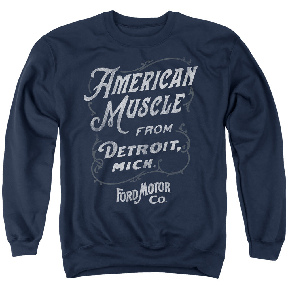 AN OFFCIALLY LICENSED FORD AMERICAN MUSCLE CLASSIC SCRIPT ADULT UNISEX CREWNECK SWEATSHIRT NAVY