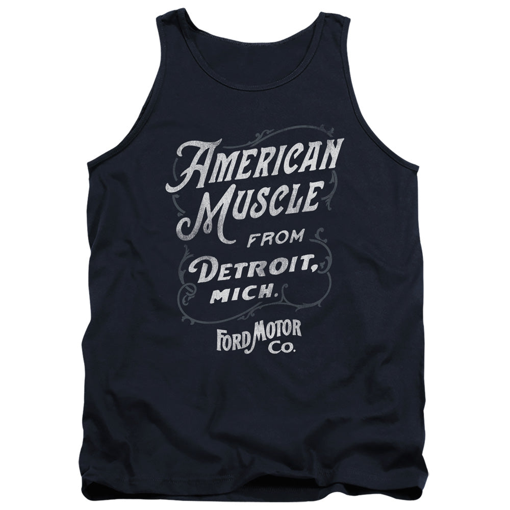 AN OFFCIALLY LICENSED FORD AMERICAN MUSCLE CLASSIC SCRIPT ADULT UNISEX TANK TOP NAVY