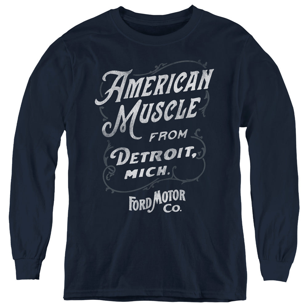 AN OFFCIALLY LICENSED FORD AMERICAN MUSCLE CLASSIC SCRIPT YOUTH LONG SLEEVE T-SHIRT NAVY