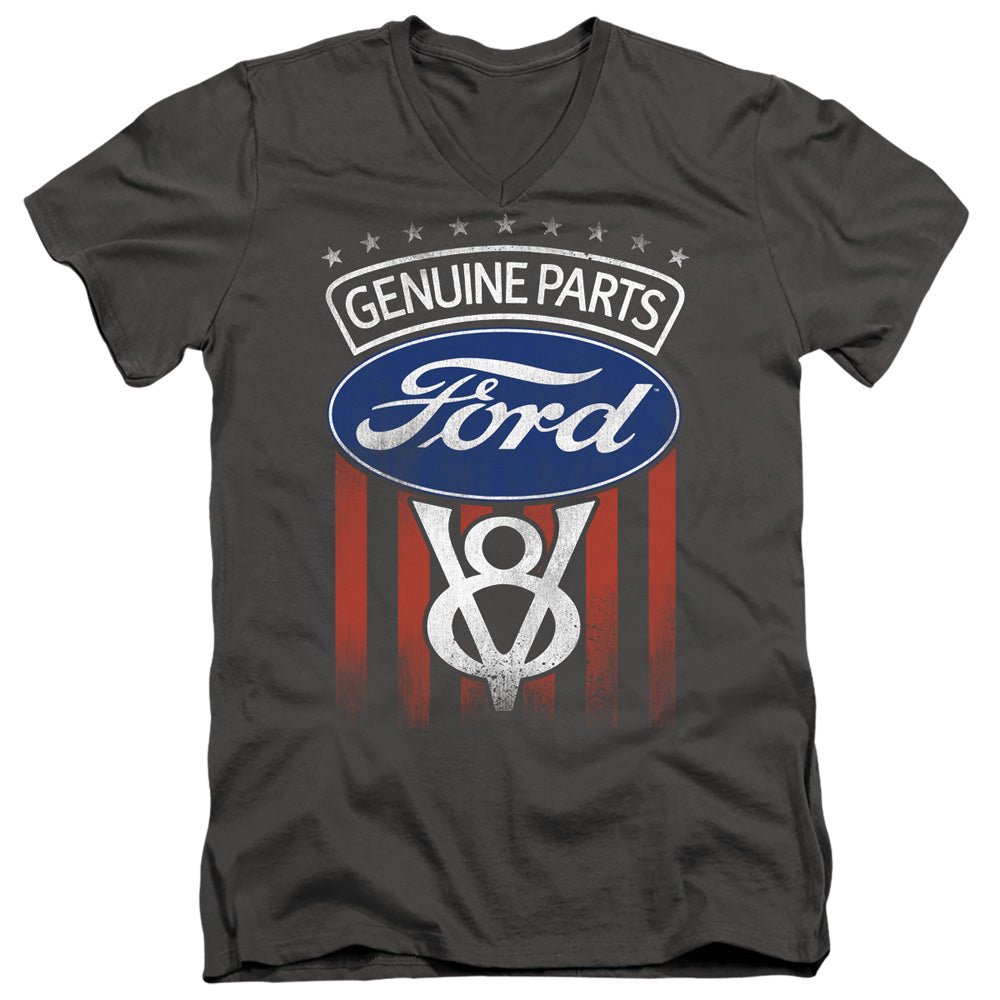 AN OFFCIALLY LICENSED FORD GENUINE PARTS FLAG MEN'S V-NECK T-SHIRT CHARCOAL