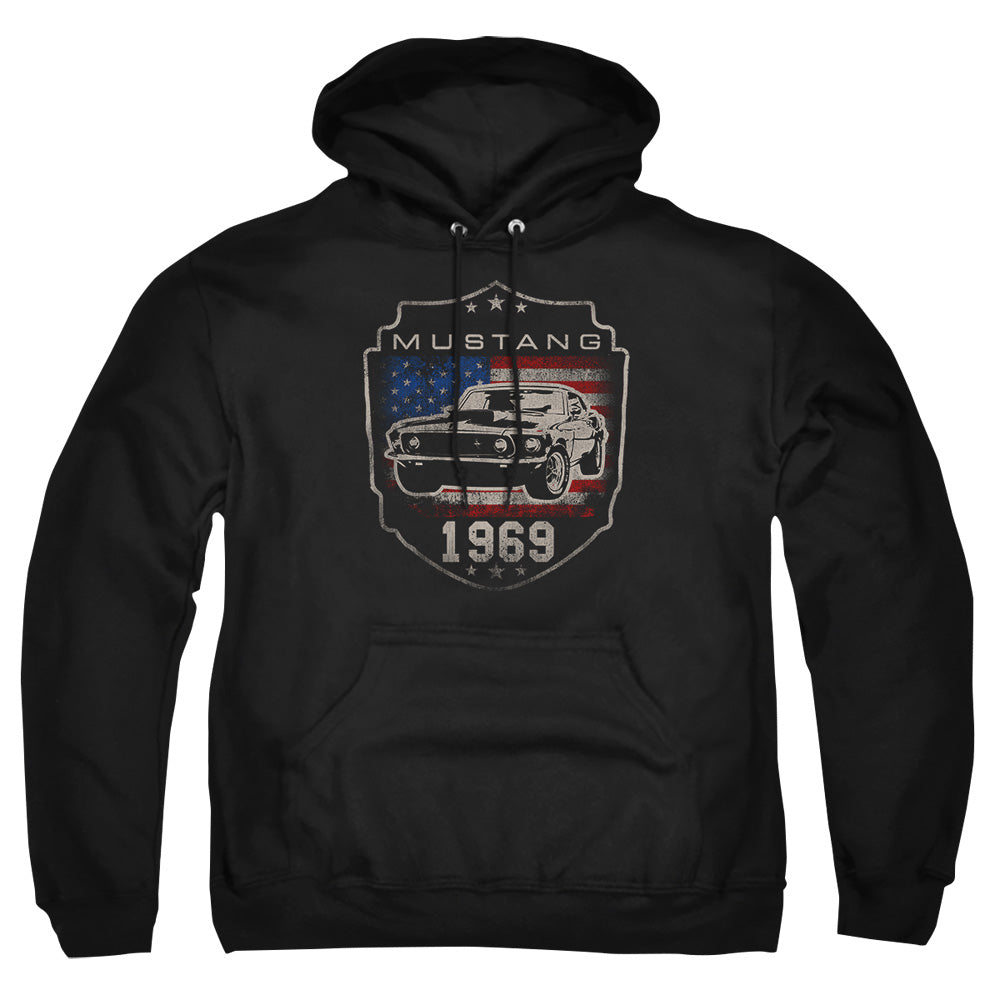 AN OFFCIALLY LICENSED FORD MUSTANG 1969 FLAG ADULT UNISEX PULLOVER HOODIE BLACK