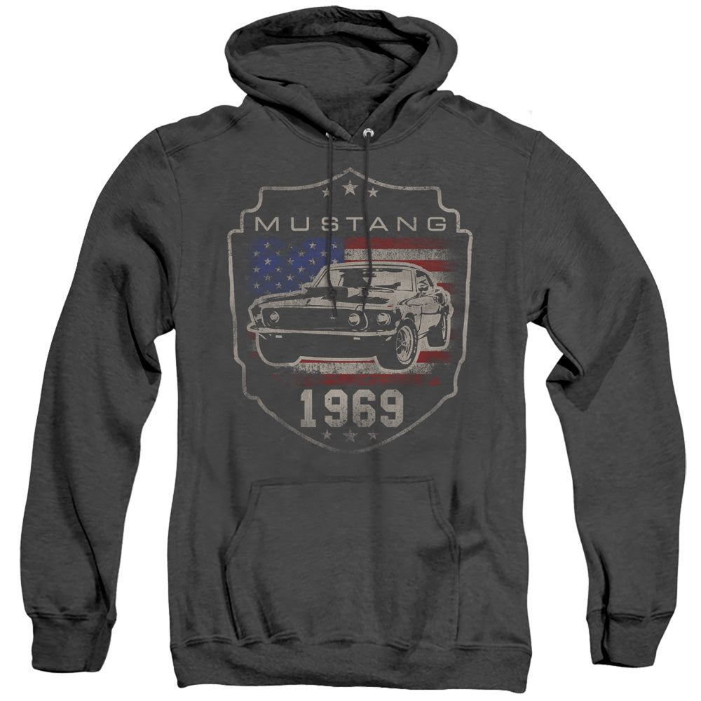 AN OFFCIALLY LICENSED FORD MUSTANG 1969 FLAG ADULT UNISEX HEATHER PULLOVER HOODIE BLACK