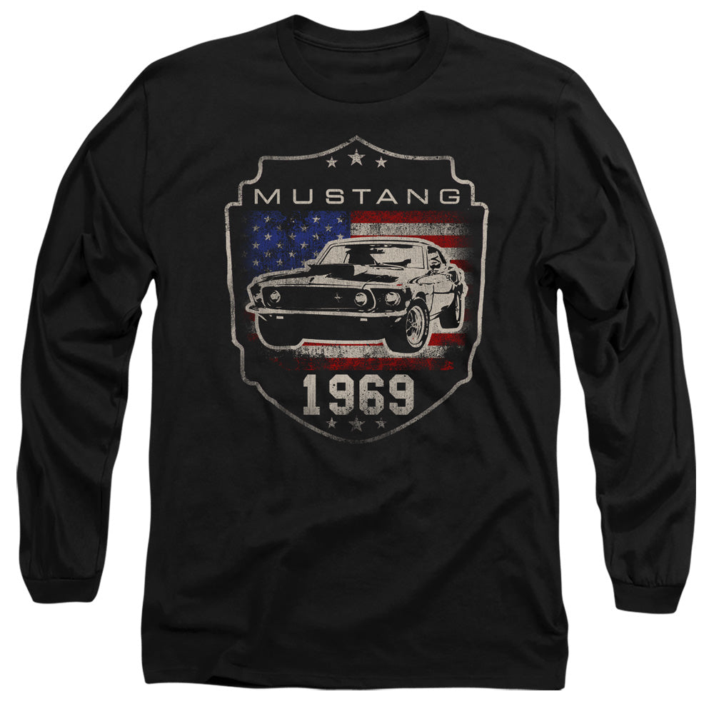 AN OFFCIALLY LICENSED FORD MUSTANG 1969 FLAG MEN'S LONG SLEEVE T-SHIRT BLACK