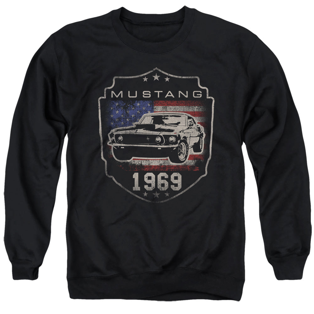 AN OFFCIALLY LICENSED FORD MUSTANG 1969 FLAG ADULT UNISEX CREWNECK SWEATSHIRT BLACK