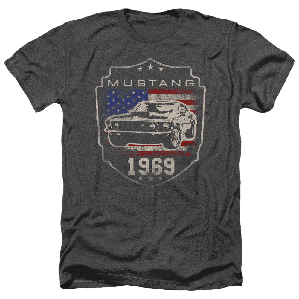 AN OFFCIALLY LICENSED FORD MUSTANG 1969 FLAG MEN'S HEATHER T-SHIRT CHARCOAL
