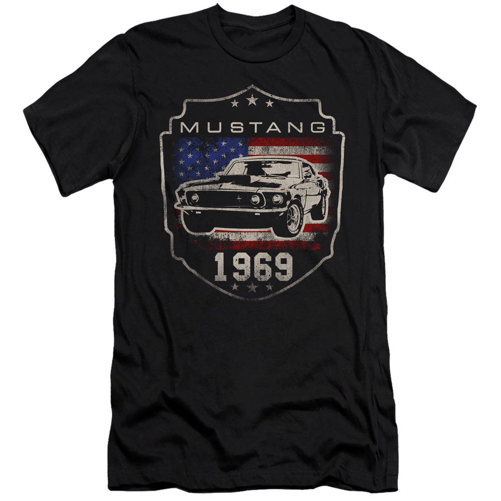 AN OFFCIALLY LICENSED FORD MUSTANG 1969 FLAG MEN'S PREMIUM SLIM FIT T-SHIRT BLACK