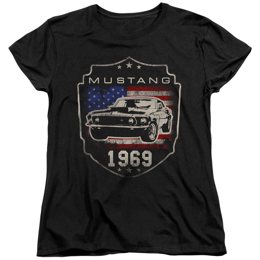 AN OFFCIALLY LICENSED FORD MUSTANG 1969 FLAG WOMEN'S REGULAR FIT T-SHIRT BLACK