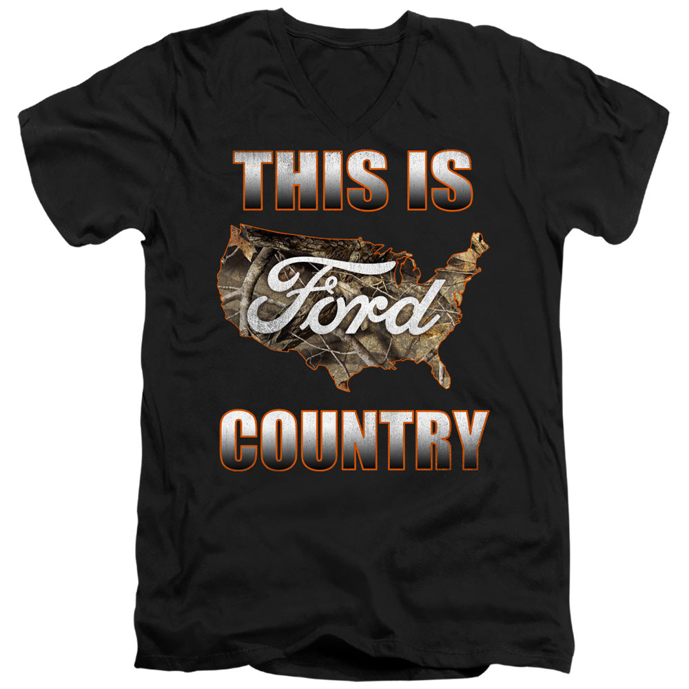AN OFFCIALLY LICENSED FORD GO FURTHER ORANGE CAMO MEN'S V-NECK T-SHIRT BLACK