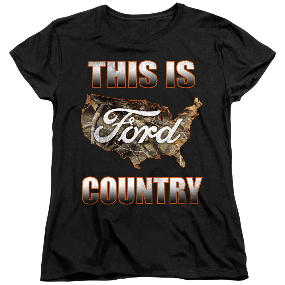 AN OFFCIALLY LICENSED FORD GO FURTHER ORANGE CAMO WOMEN'S REGULAR FIT T-SHIRT BLACK