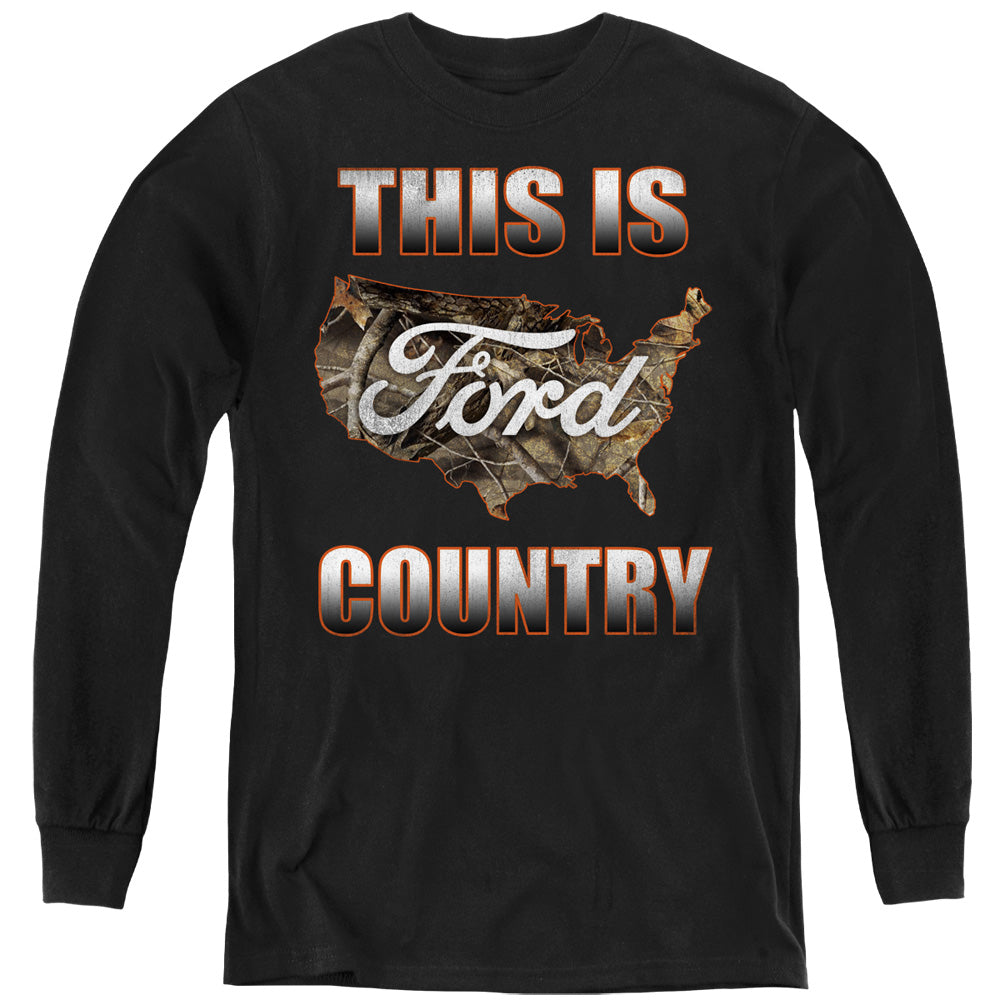 AN OFFCIALLY LICENSED FORD GO FURTHER ORANGE CAMO YOUTH LONG SLEEVE T-SHIRT BLACK