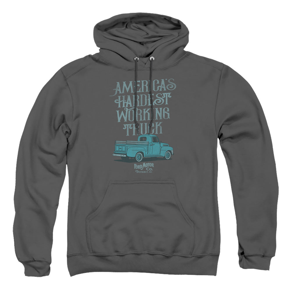 AN OFFCIALLY LICENSED FORD VINTAGE AMERICA'S HARDEST WORKING TRUCK ADULT UNISEX PULLOVER HOODIE CHARCOAL