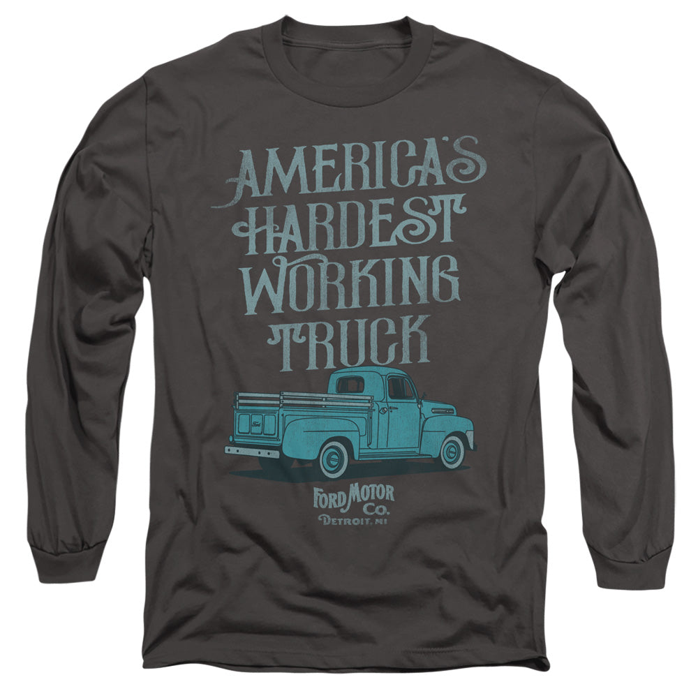 AN OFFCIALLY LICENSED FORD VINTAGE AMERICA'S HARDEST WORKING TRUCK MEN'S LONG SLEEVE T-SHIRT CHARCOAL
