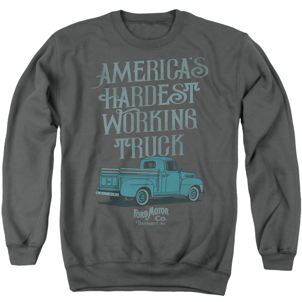 AN OFFCIALLY LICENSED FORD VINTAGE AMERICA'S HARDEST WORKING TRUCK ADULT UNISEX CREWNECK SWEATSHIRT CHARCOAL