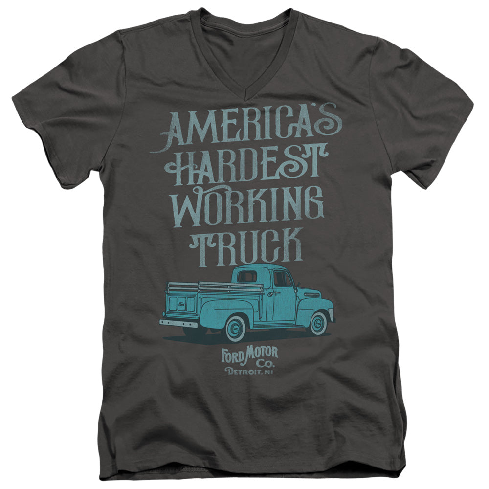 AN OFFCIALLY LICENSED FORD VINTAGE AMERICA'S HARDEST WORKING TRUCK MEN'S V-NECK T-SHIRT CHARCOAL