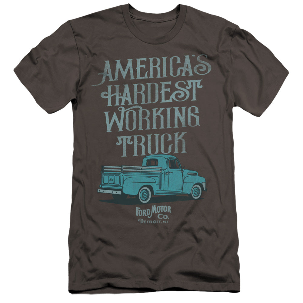 AN OFFCIALLY LICENSED FORD VINTAGE AMERICA'S HARDEST WORKING TRUCK MEN'S PREMIUM SLIM FIT T-SHIRT CHARCOAL