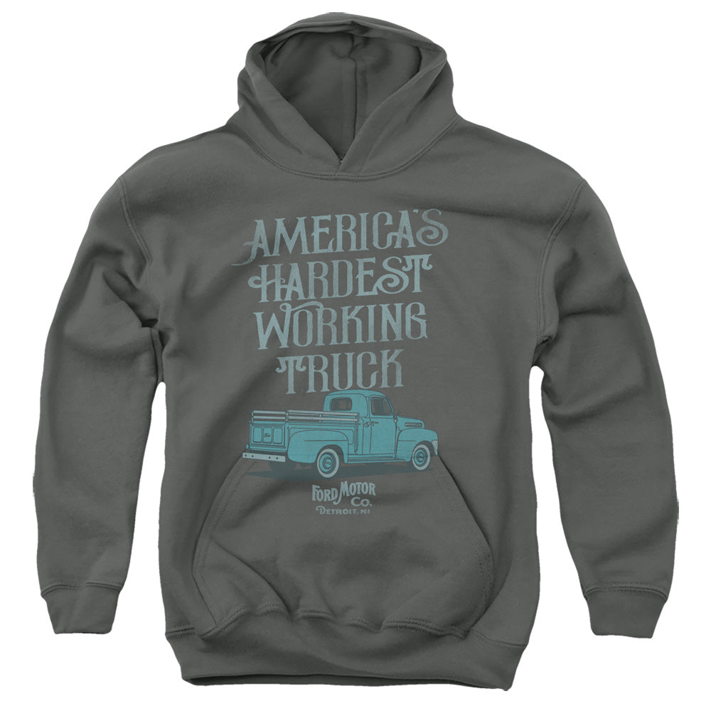 AN OFFCIALLY LICENSED FORD VINTAGE AMERICA'S HARDEST WORKING TRUCK YOUTH HOODIE CHARCOAL