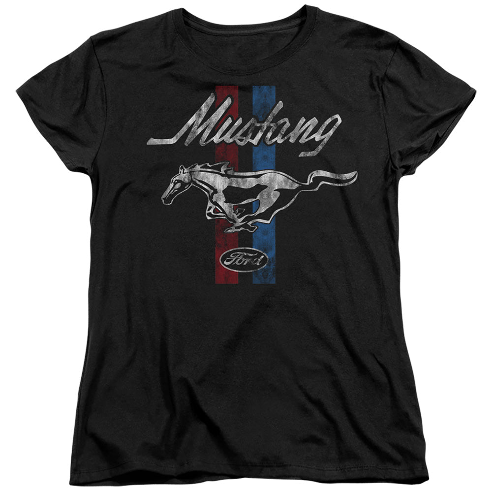 AN OFFCIALLY LICENSED FORD MUSTANG MUSTANG STRIPES WOMEN'S REGULAR FIT T-SHIRT BLACK