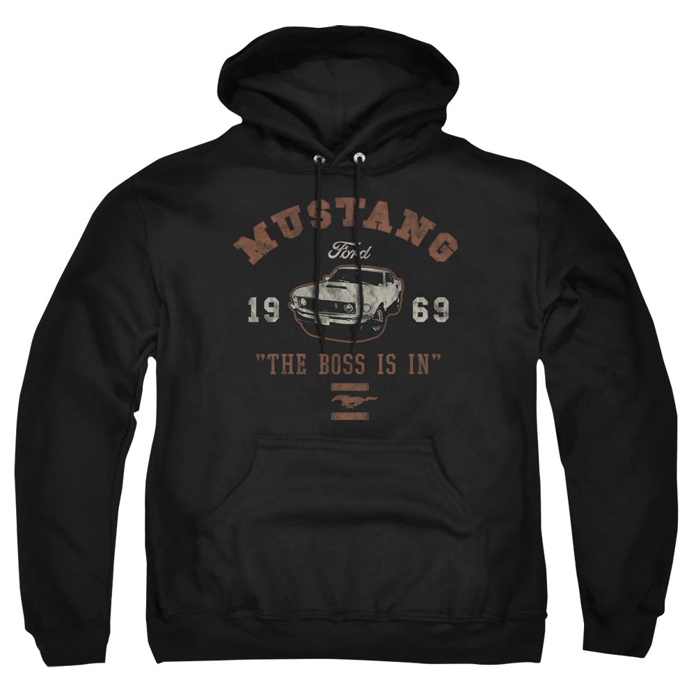 AN OFFCIALLY LICENSED FORD MUSTANG MUSTANG THE BOSS IS IN ADULT UNISEX PULLOVER HOODIE BLACK