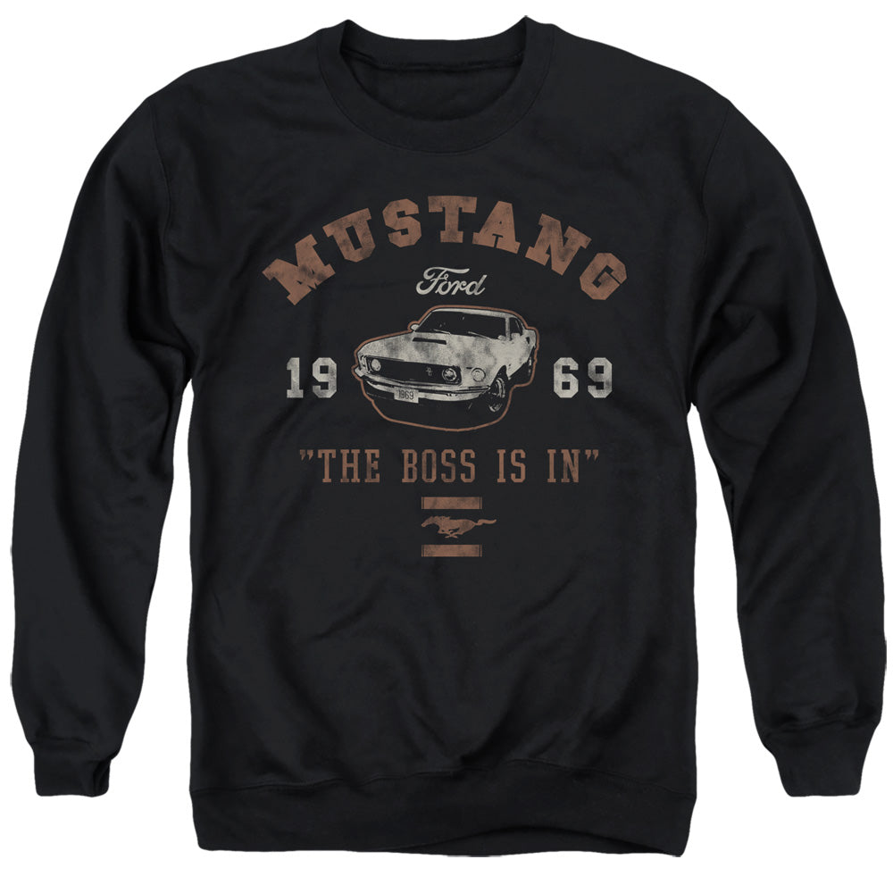 AN OFFCIALLY LICENSED FORD MUSTANG MUSTANG THE BOSS IS IN ADULT UNISEX CREWNECK SWEATSHIRT BLACK