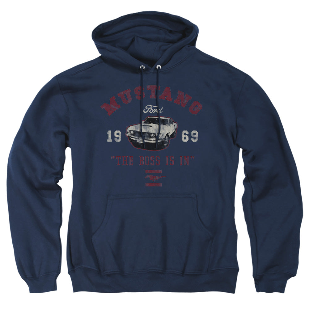 AN OFFCIALLY LICENSED FORD MUSTANG MUSTANG THE BOSS IS IN ADULT UNISEX PULLOVER HOODIE NAVY