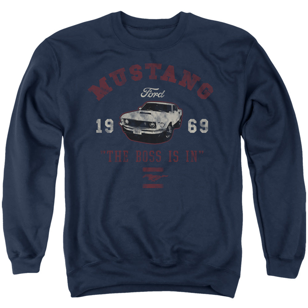 AN OFFCIALLY LICENSED FORD MUSTANG MUSTANG THE BOSS IS IN ADULT UNISEX CREWNECK SWEATSHIRT NAVY