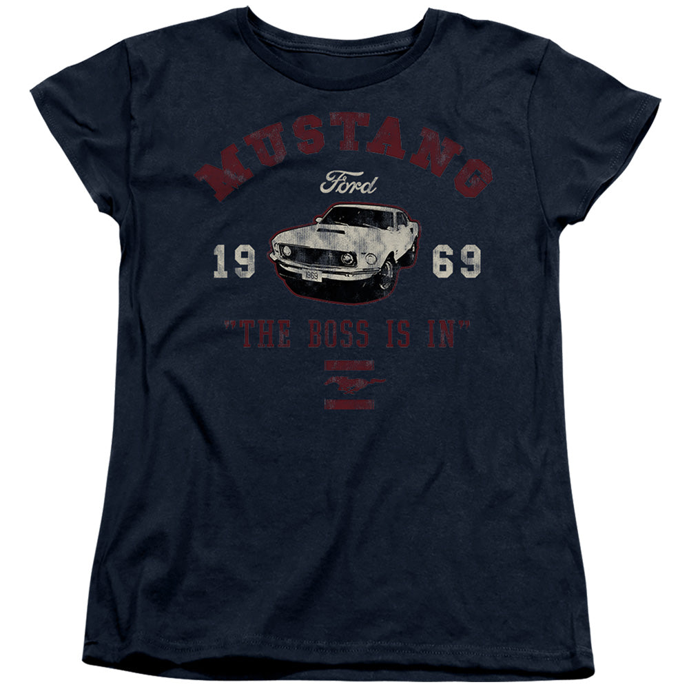 AN OFFCIALLY LICENSED FORD MUSTANG MUSTANG THE BOSS IS IN WOMEN'S REGULAR FIT T-SHIRT NAVY