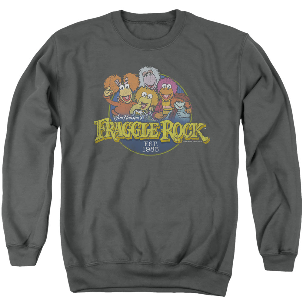 AN OFFCIALLY LICENSED FRAGGLE ROCK CIRCLE LOGO ADULT UNISEX CREWNECK SWEATSHIRT CHARCOAL