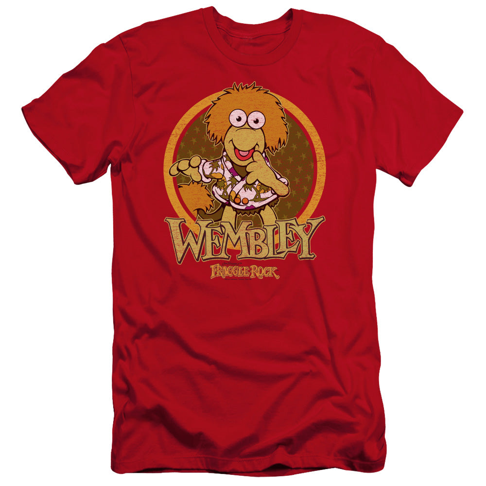 AN OFFCIALLY LICENSED FRAGGLE ROCK WEMBLEY CIRCLE MEN'S PREMIUM SLIM FIT T-SHIRT RED
