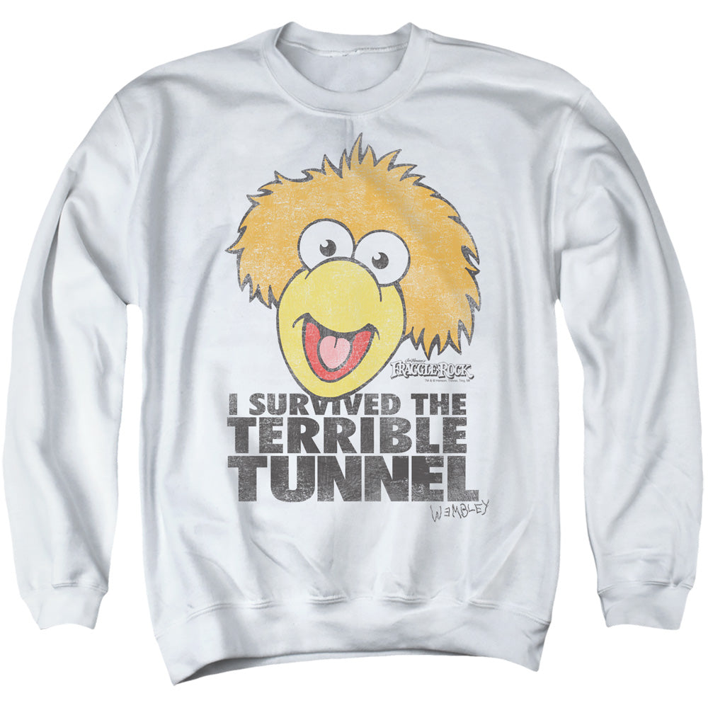 AN OFFCIALLY LICENSED FRAGGLE ROCK TERRIBLE TUNNEL ADULT UNISEX CREWNECK SWEATSHIRT WHITE