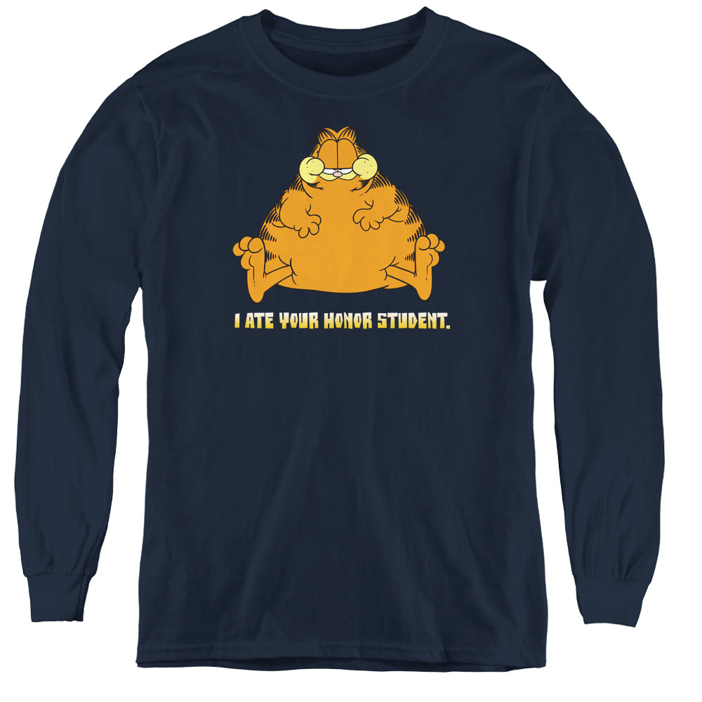 AN OFFCIALLY LICENSED GARFIELD I ATE YOUR HONOR STUDENT YOUTH LONG SLEEVE T-SHIRT NAVY