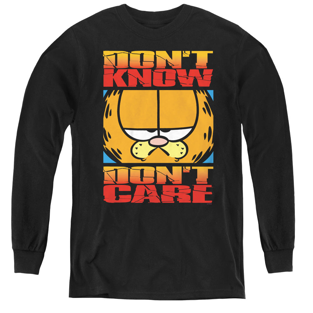 AN OFFCIALLY LICENSED GARFIELD DONT KNOW DONT CARE YOUTH LONG SLEEVE T-SHIRT BLACK