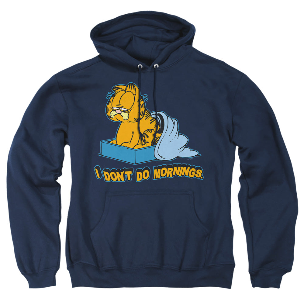 AN OFFCIALLY LICENSED GARFIELD I DONT DO MORNINGS ADULT UNISEX PULLOVER HOODIE NAVY