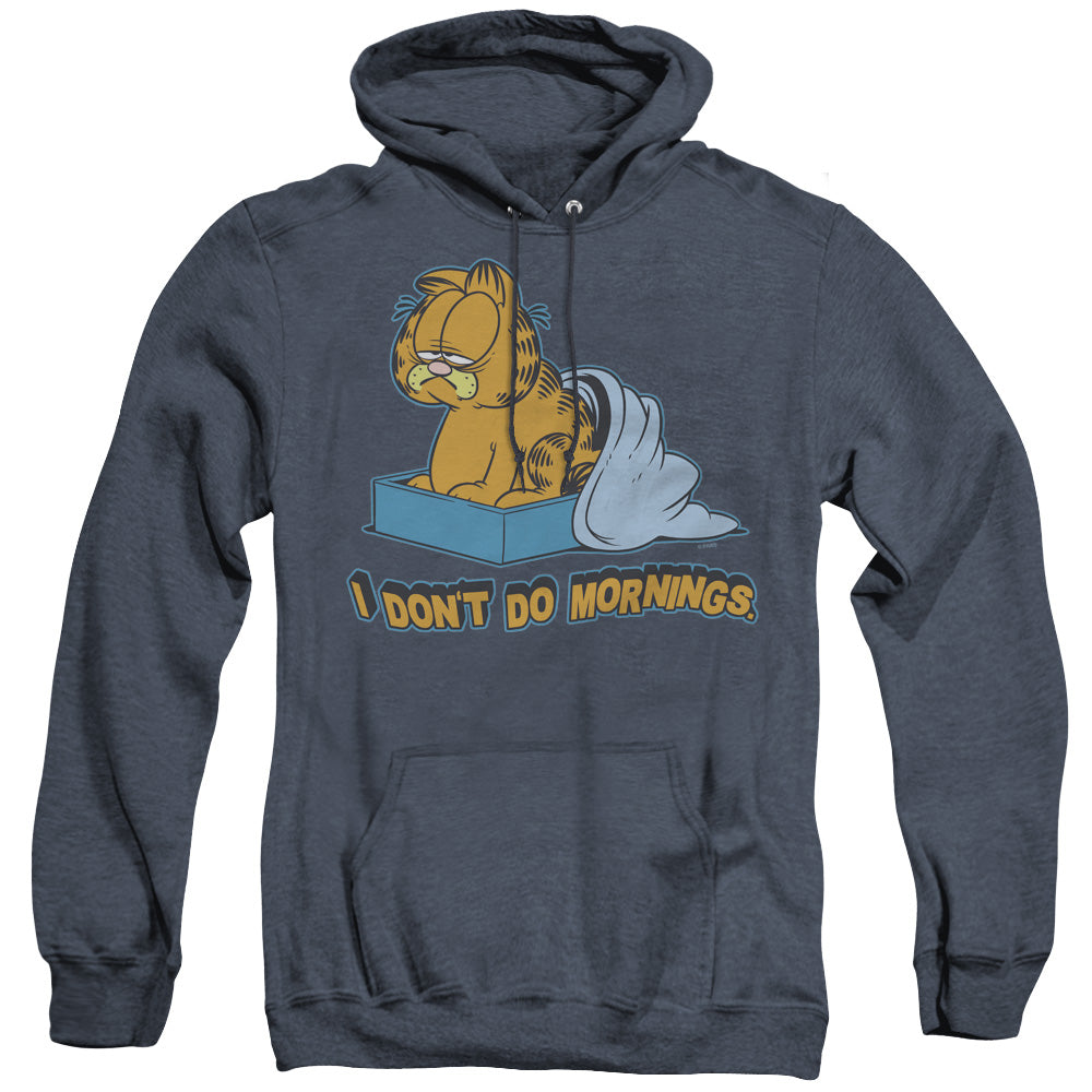 AN OFFCIALLY LICENSED GARFIELD I DONT DO MORNINGS ADULT UNISEX HEATHER PULLOVER HOODIE NAVY