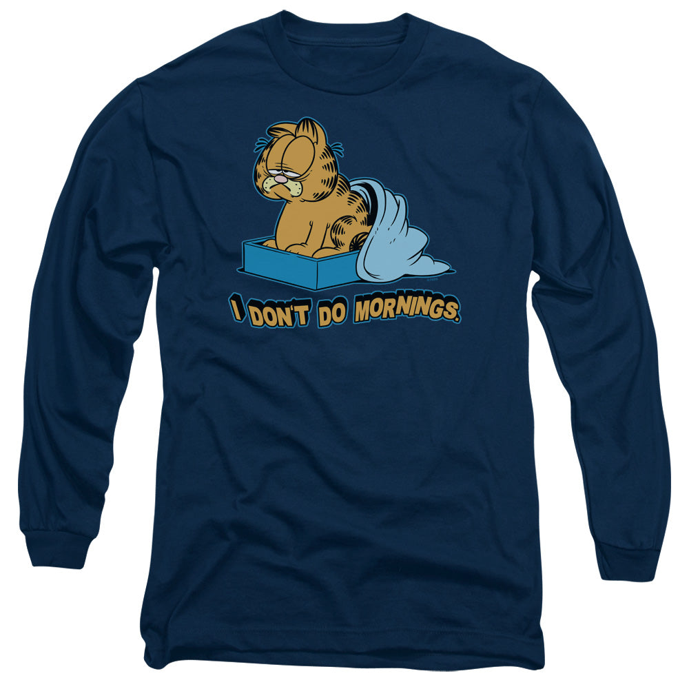 AN OFFCIALLY LICENSED GARFIELD I DONT DO MORNINGS MEN'S LONG SLEEVE T-SHIRT NAVY